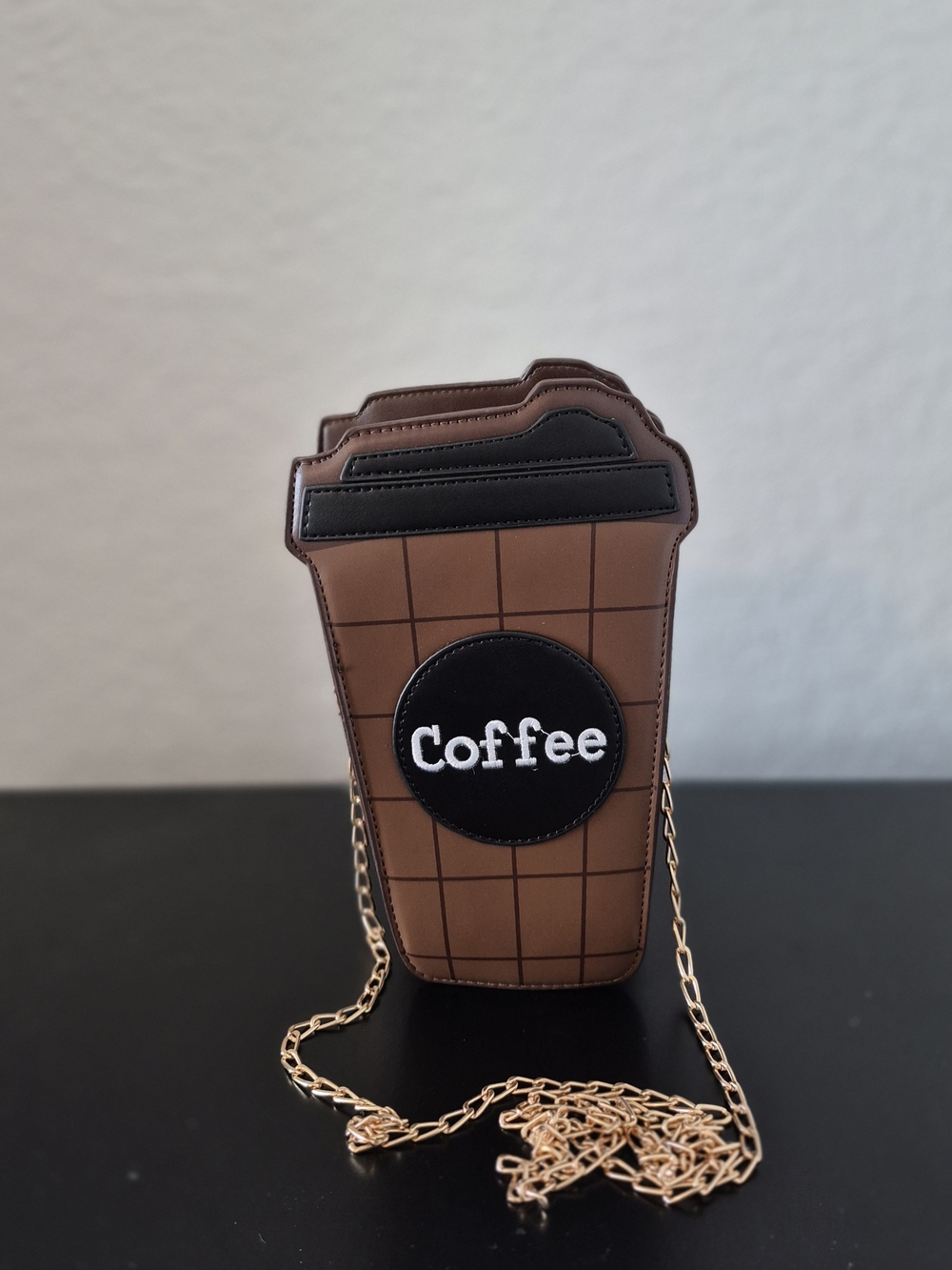To-Go Coffee Cup Novelty Crossbody Bag – Brown Faux Leather, Gold Chain Strap